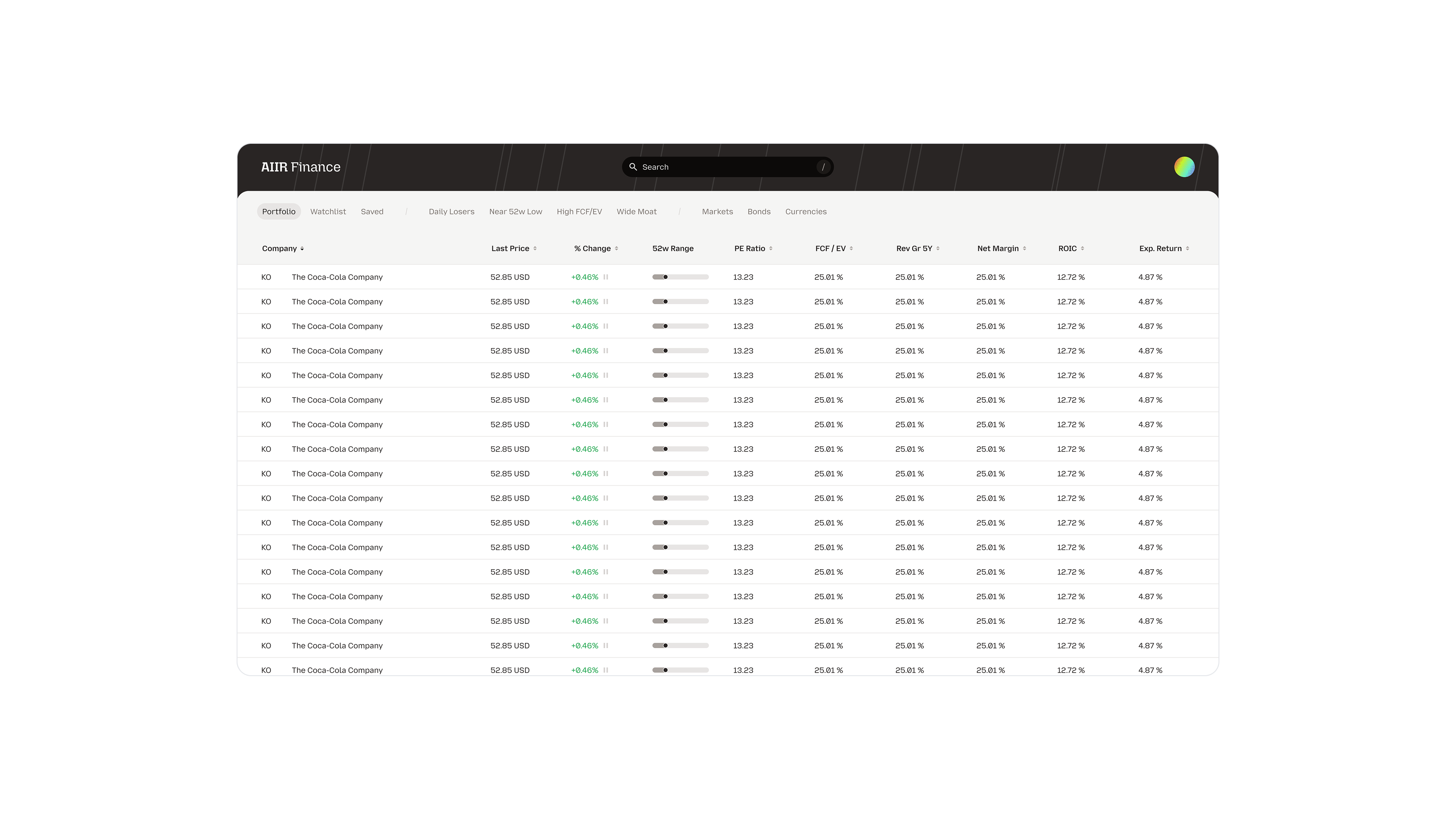 AIIR Finance product interface