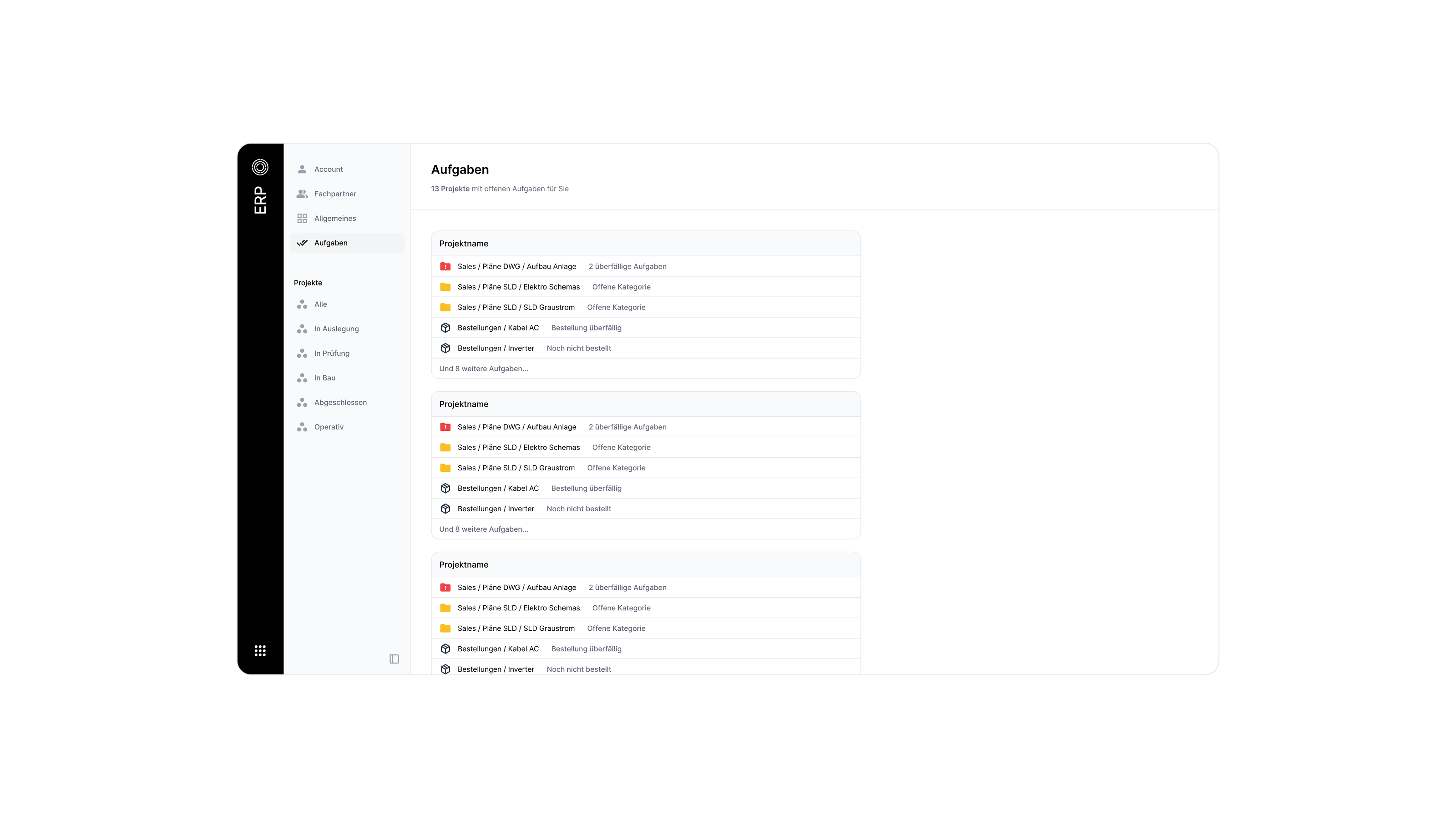 ERP tasks interface