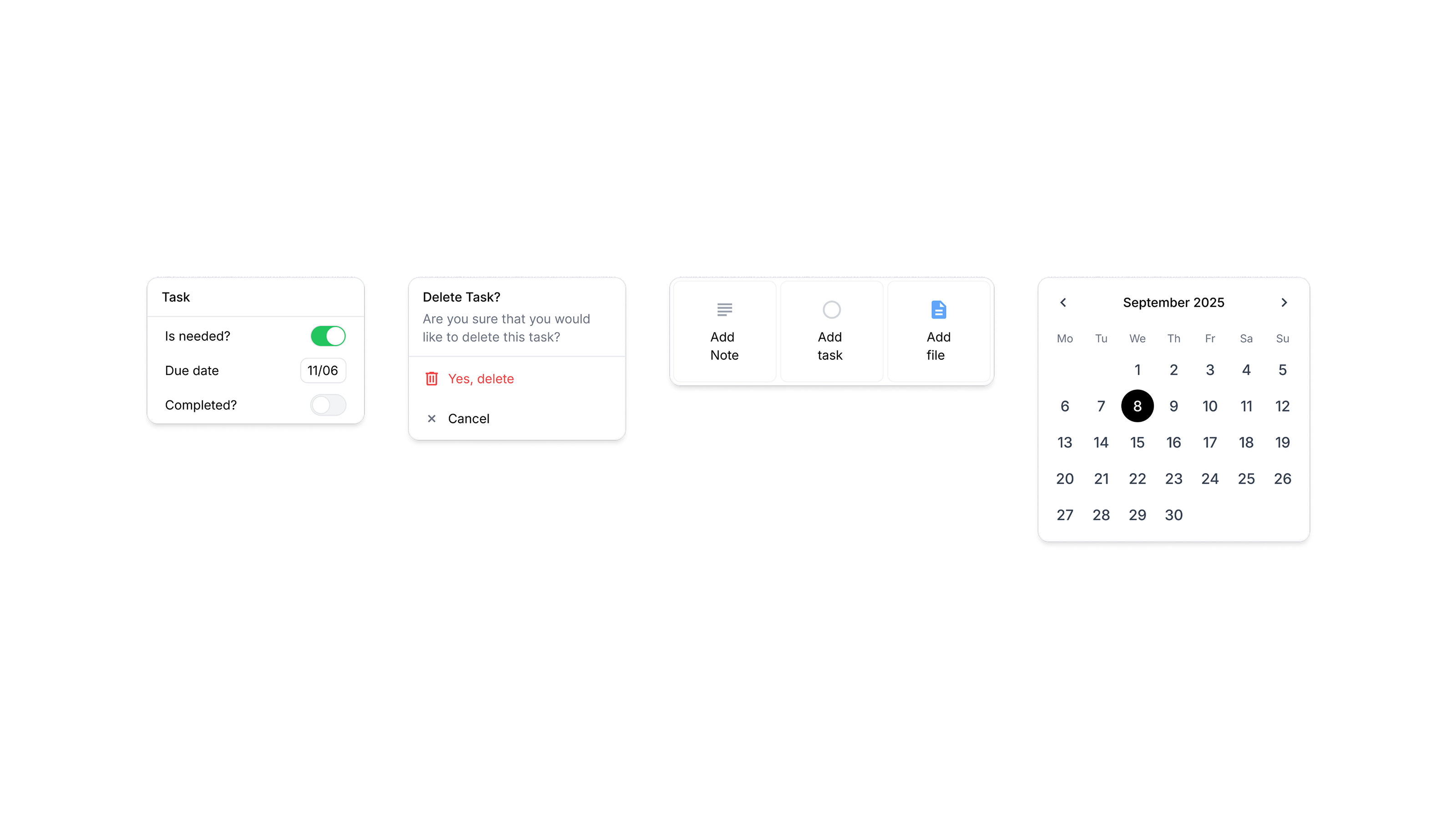Task settings, delete confirmation, action shortcuts, and calendar widgets