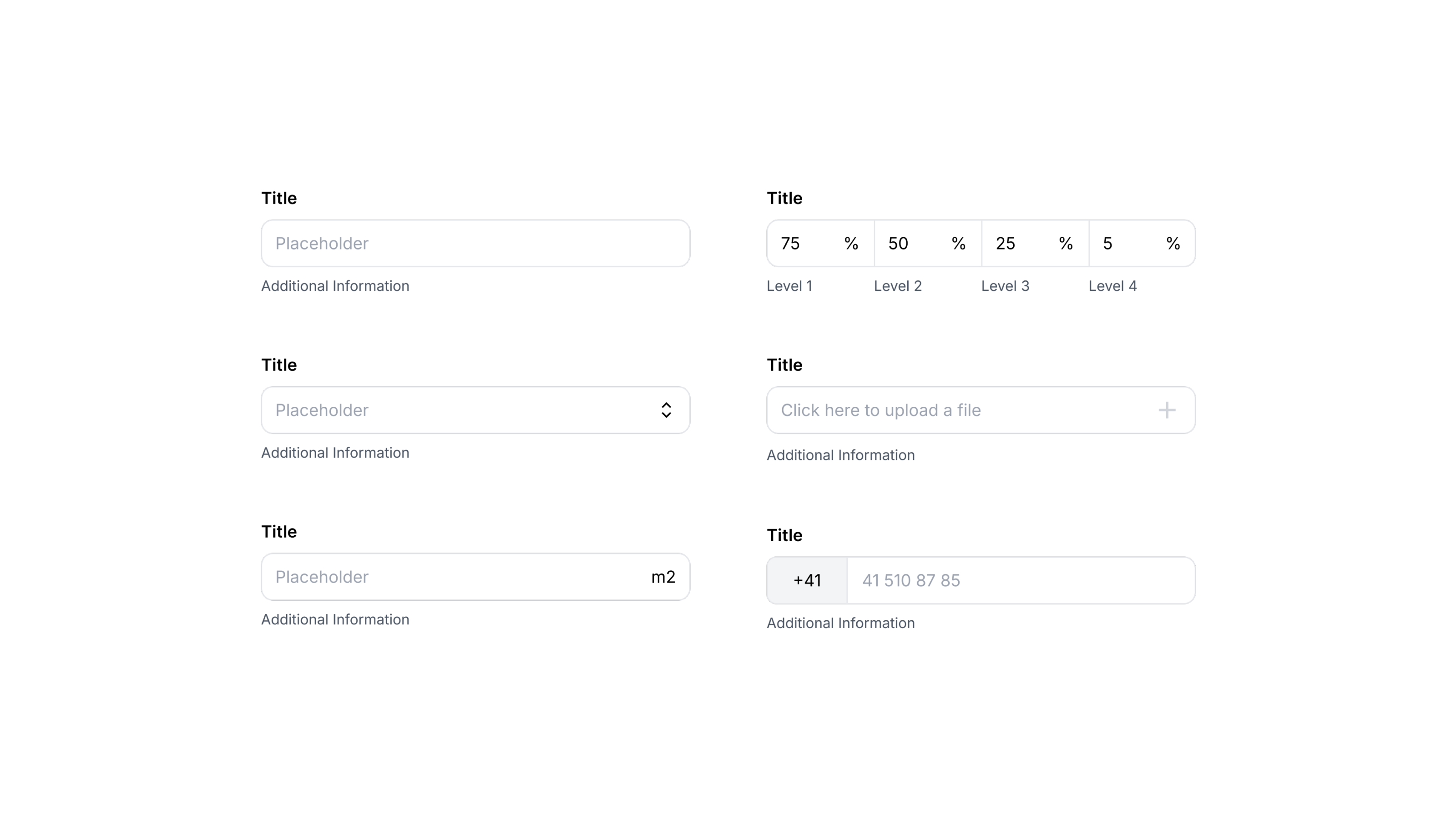 Text inputs, selects, level control, file upload, and phone field components
